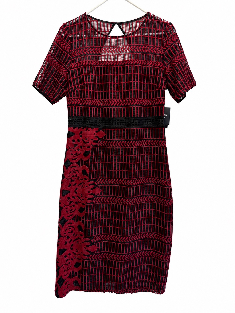 GUESS Red & Black Embroidered Lace Sheath Dress | Short Sleeve Cocktail Dress